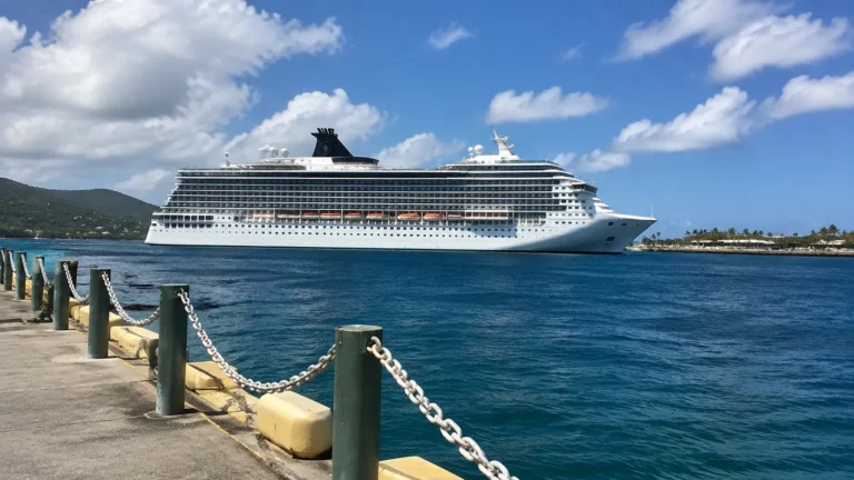 Large white cruise ship beside a tropical waterfront under scattered clouds.