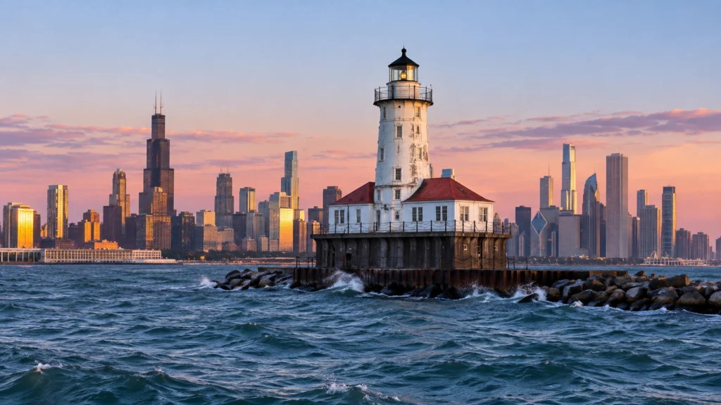 Chicago Harbor Lighthouse standing beyond the breakwater in blue Lake Michigan, with the Chicago skyline behind it