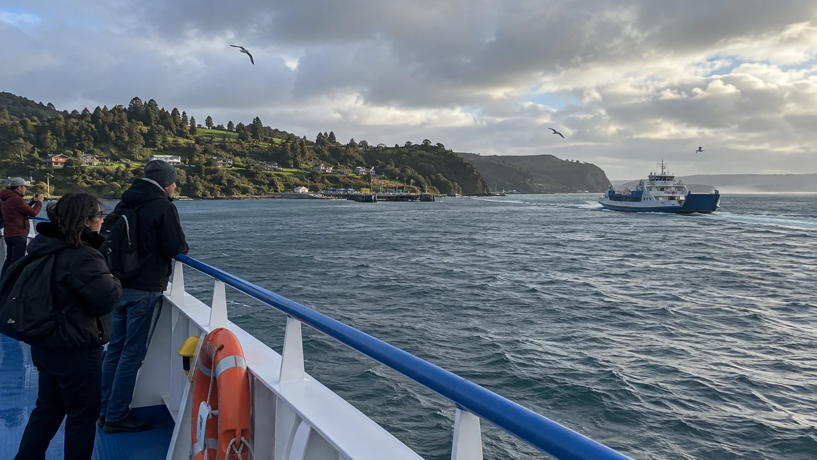 Car ferry approaching Chiloé across the Chacao Channel