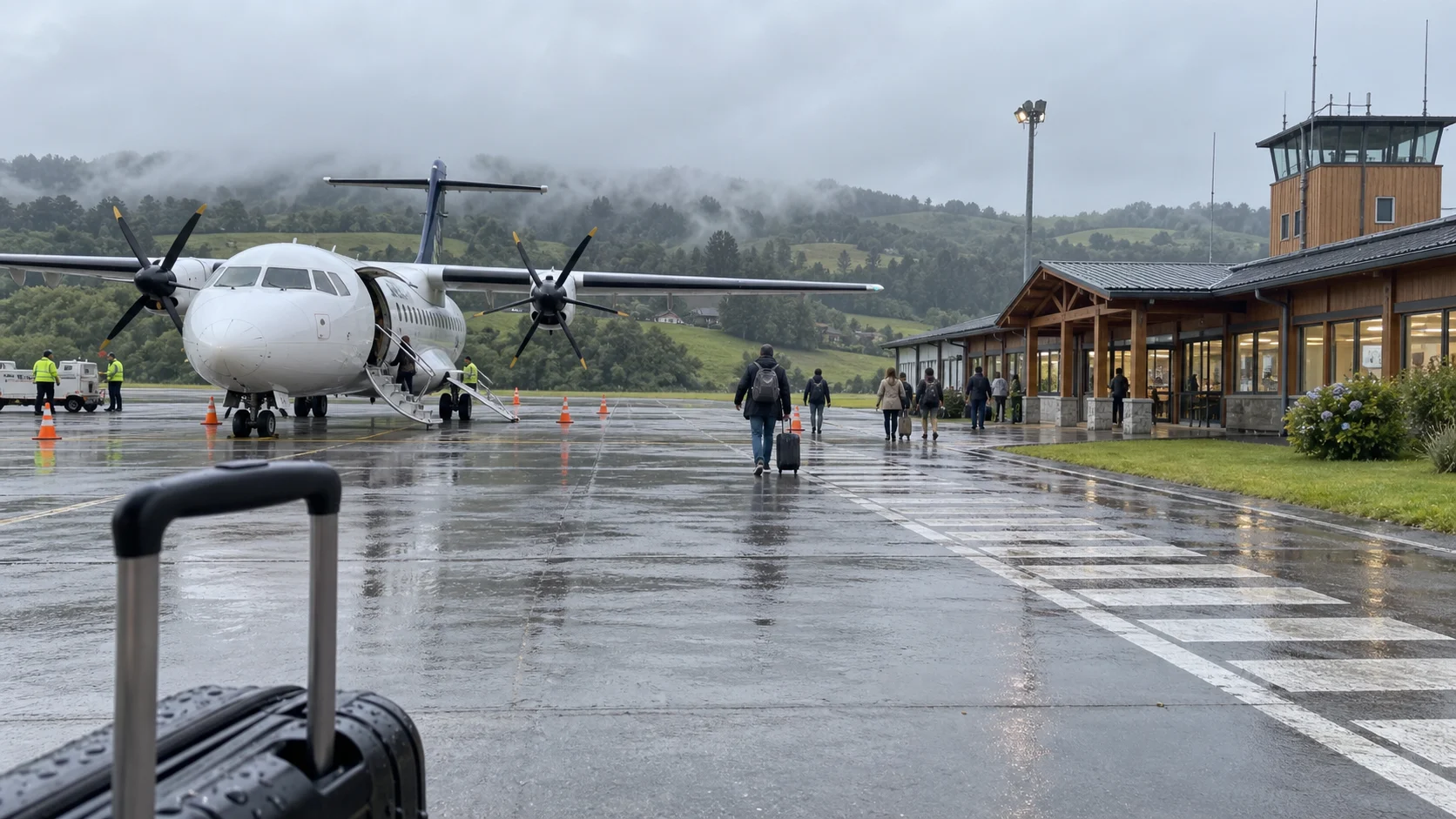 Turboprop plane on the wet tarmac at Mocopulli Airport on Chiloé