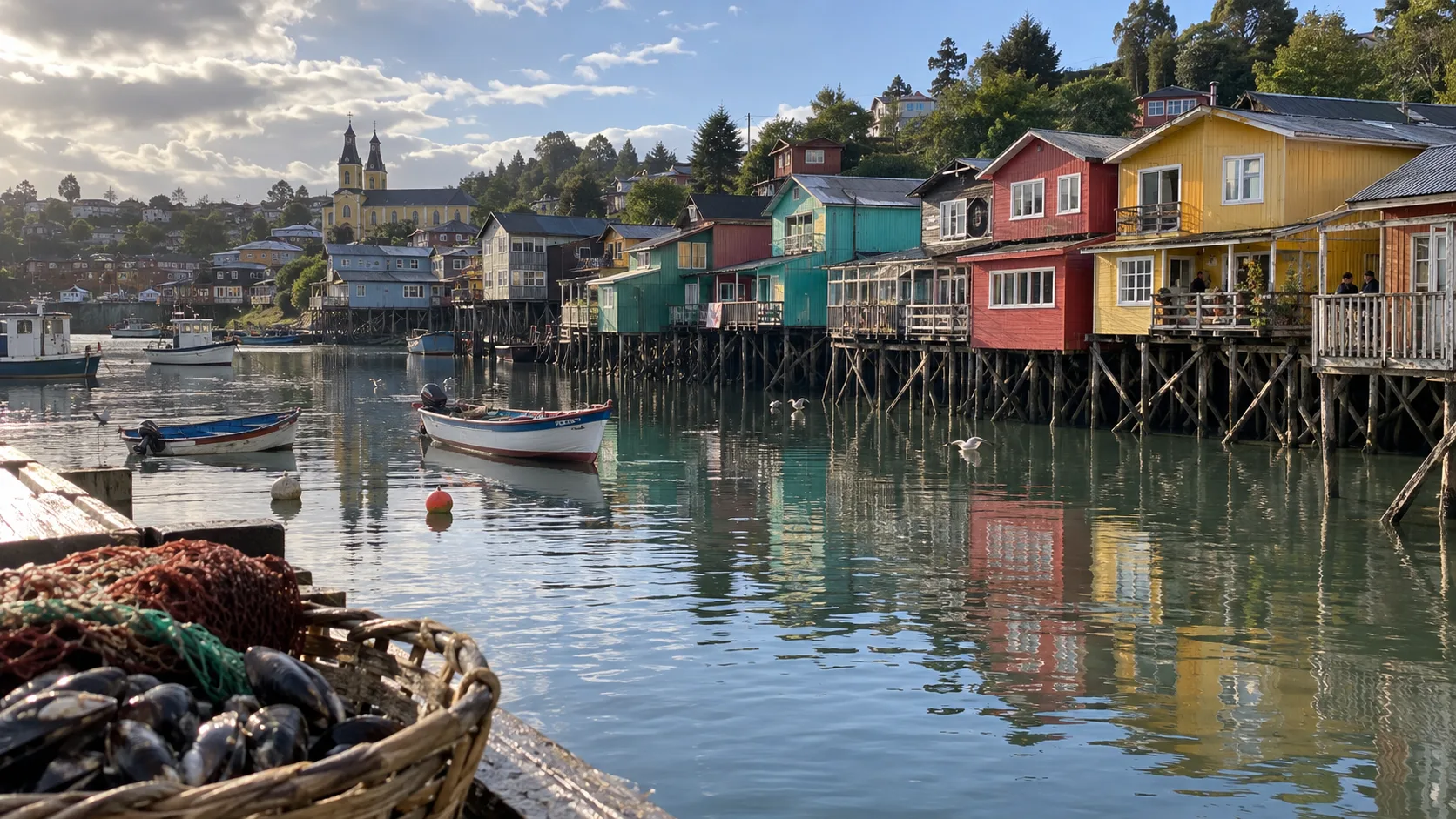 Colorful palafito stilt houses reflected along Castro's waterfront