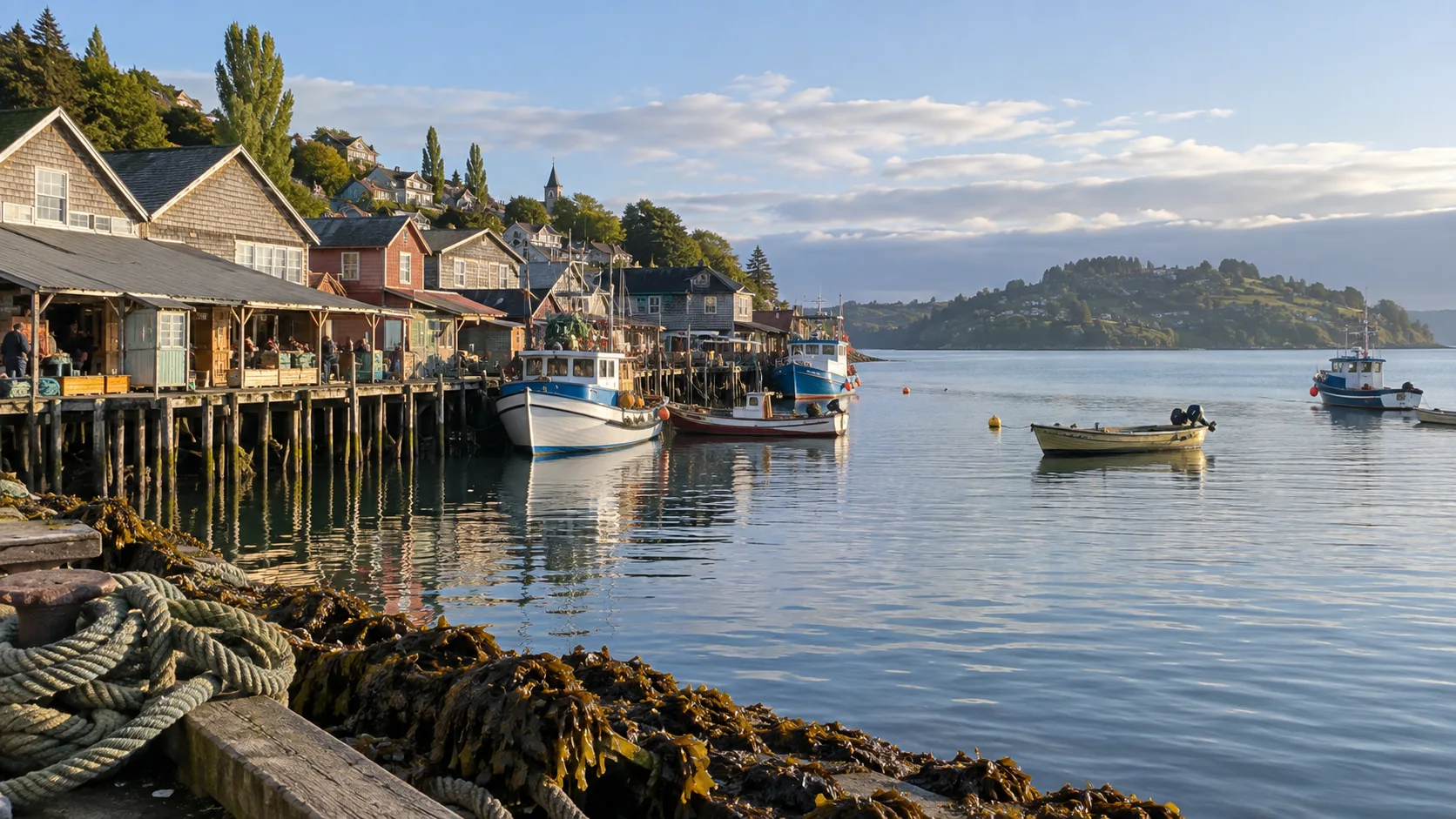 Traditional boats along Dalcahue waterfront with Quinchao beyond