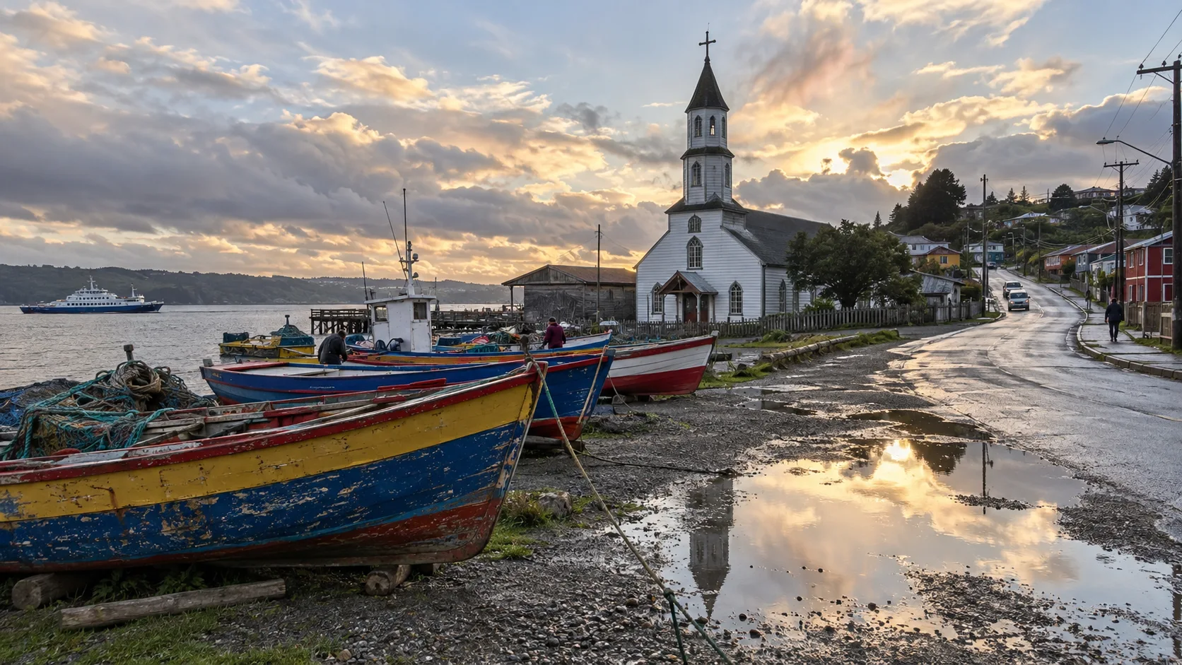 Fishing boats and wooden church in Chacao on the way to Ancud
