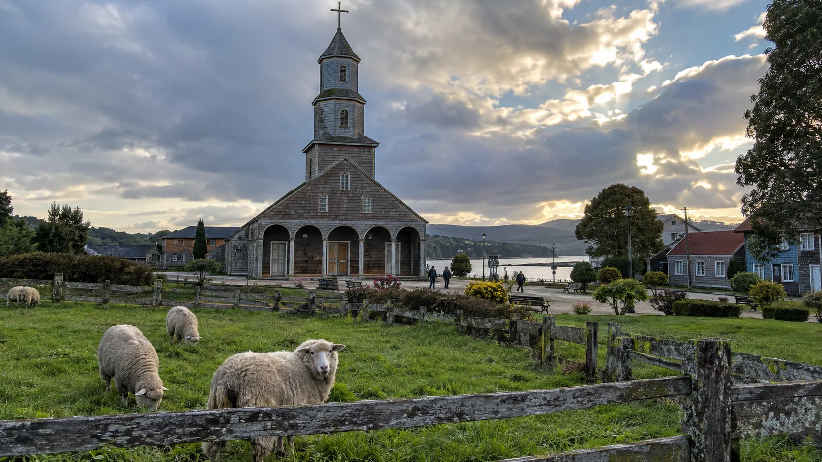 Wooden UNESCO church facing the village square in Achao