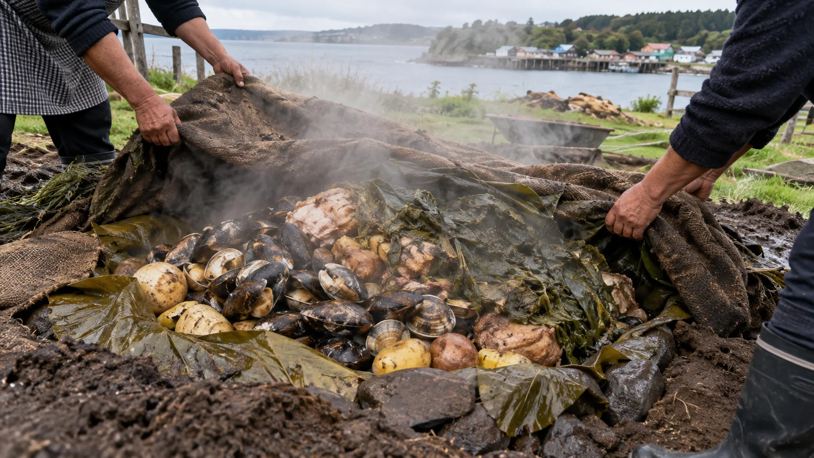 Traditional Chiloé curanto uncovered from a steaming earth pit