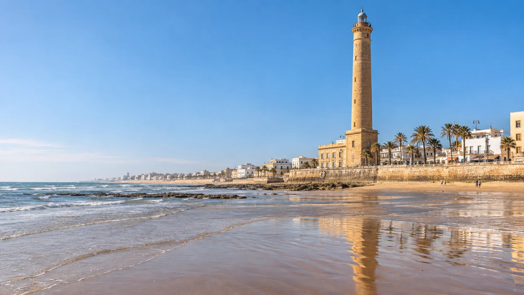 Tall stone Chipiona Lighthouse reflected in wet sand beside the Andalusian waterfront.