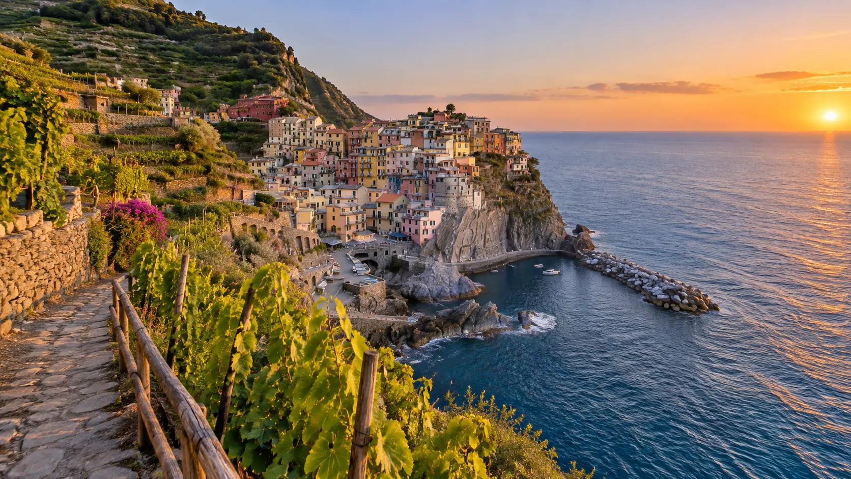 Manarola's pastel houses and terraced vineyards glow above the Ligurian Sea in Cinque Terre National Park.