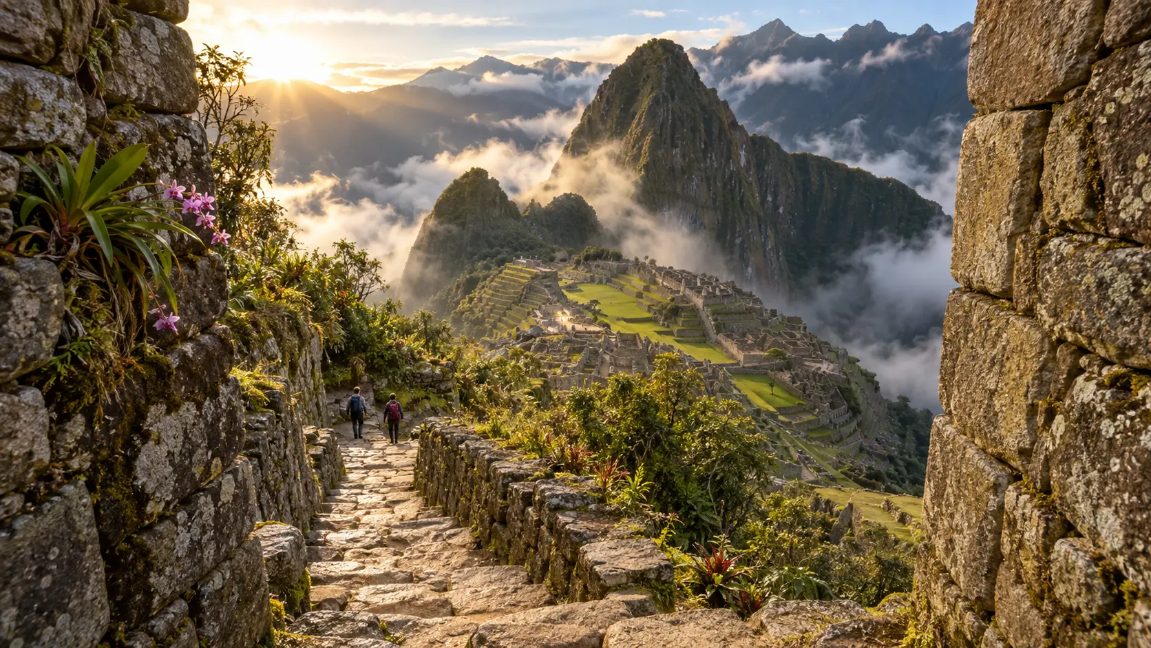 Hikers descending the Classic Inca Trail toward Machu Picchu at sunrise.