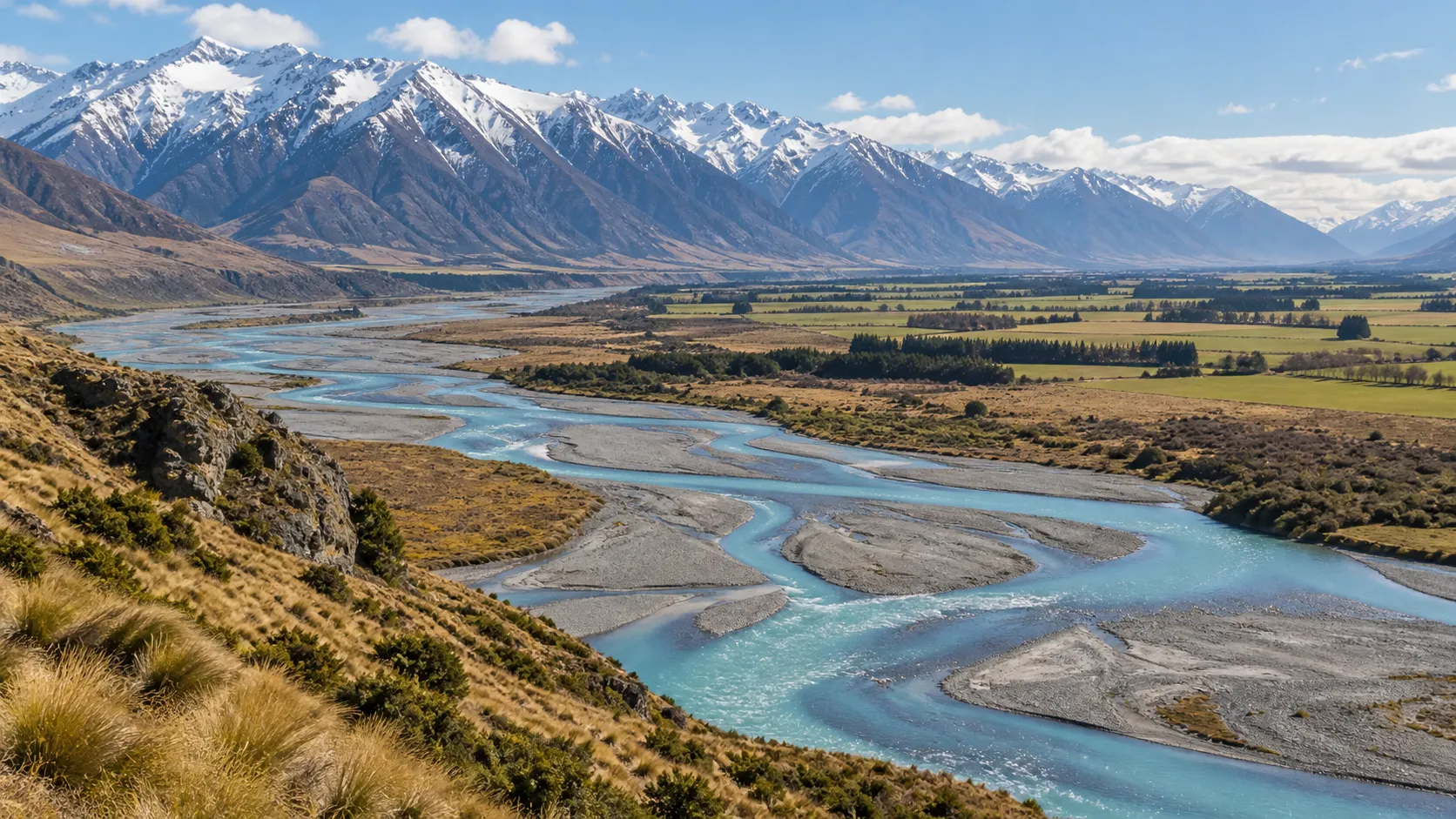 Braided turquoise Canterbury river flowing from snowy mountains toward farmland