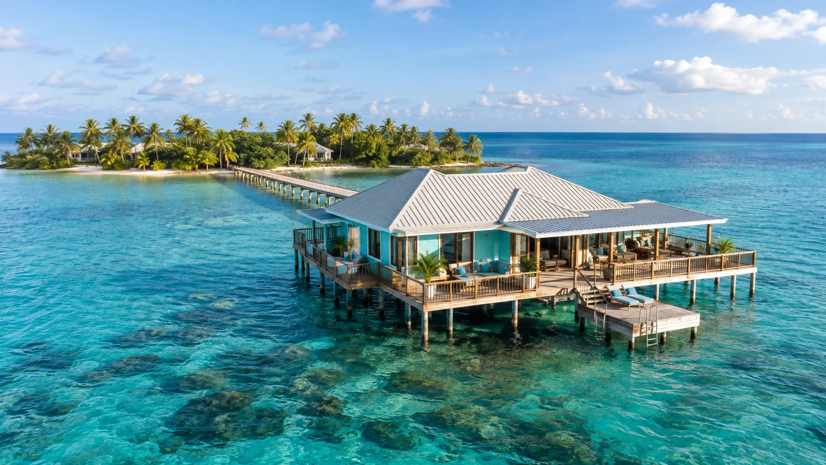 Aqua three-bedroom overwater villa at Coco Plum Island Resort above clear Caribbean water.