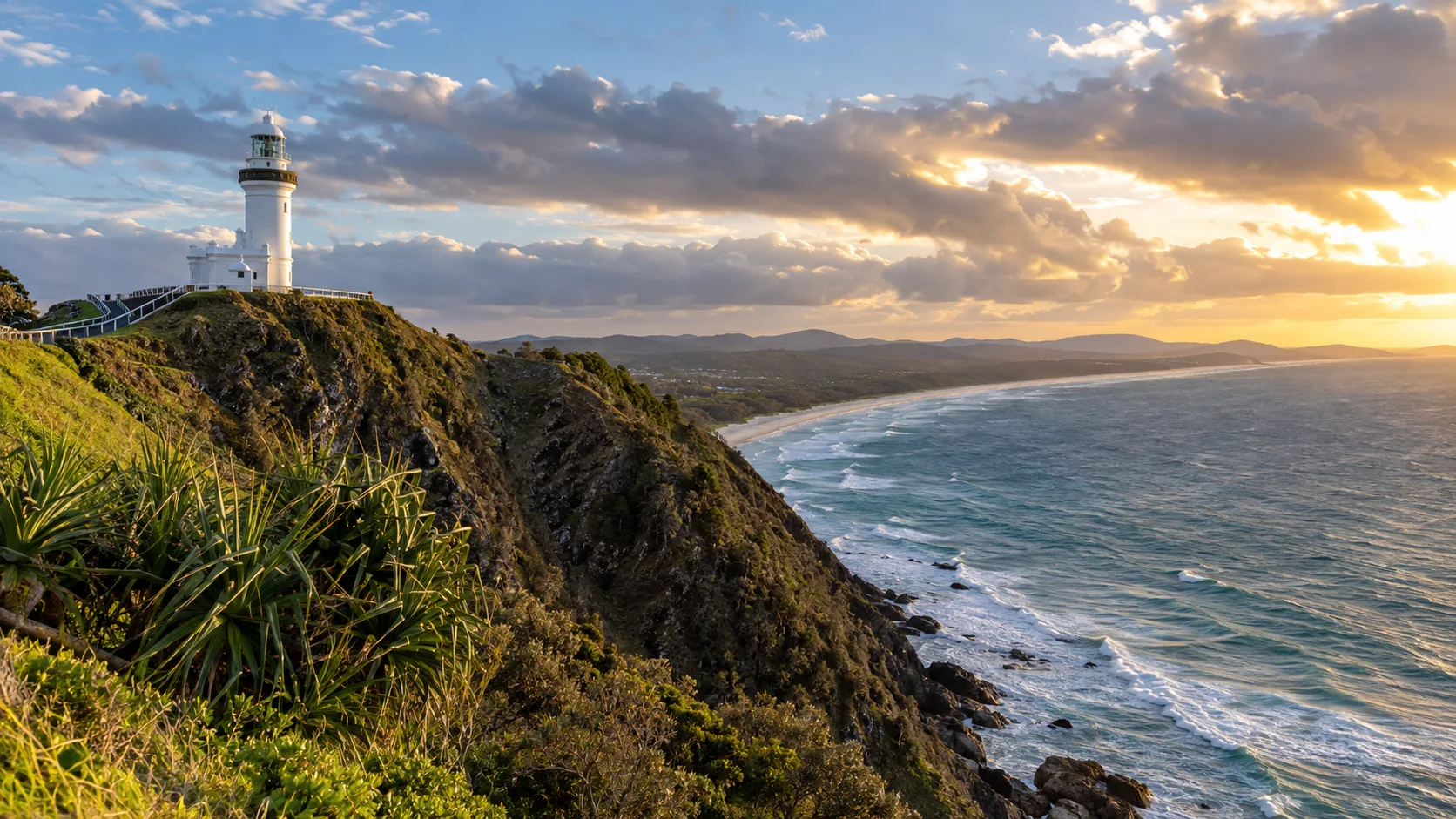 Cape Byron Lighthouse above a long New South Wales beach at sunset