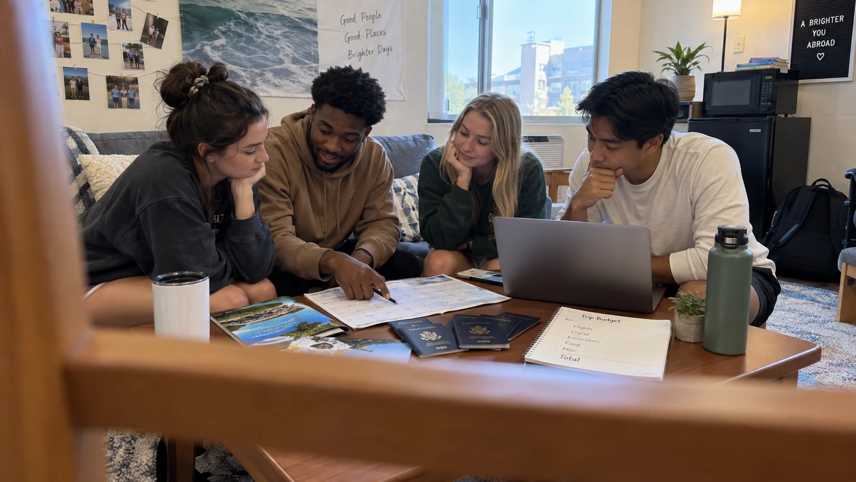 College friends compare dates, documents and a cruise budget around a table.