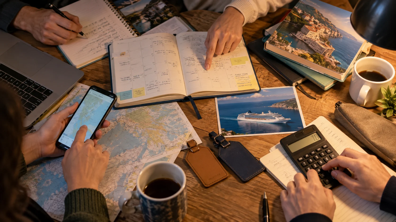 Adult students coordinate school-break dates using planners and phones.