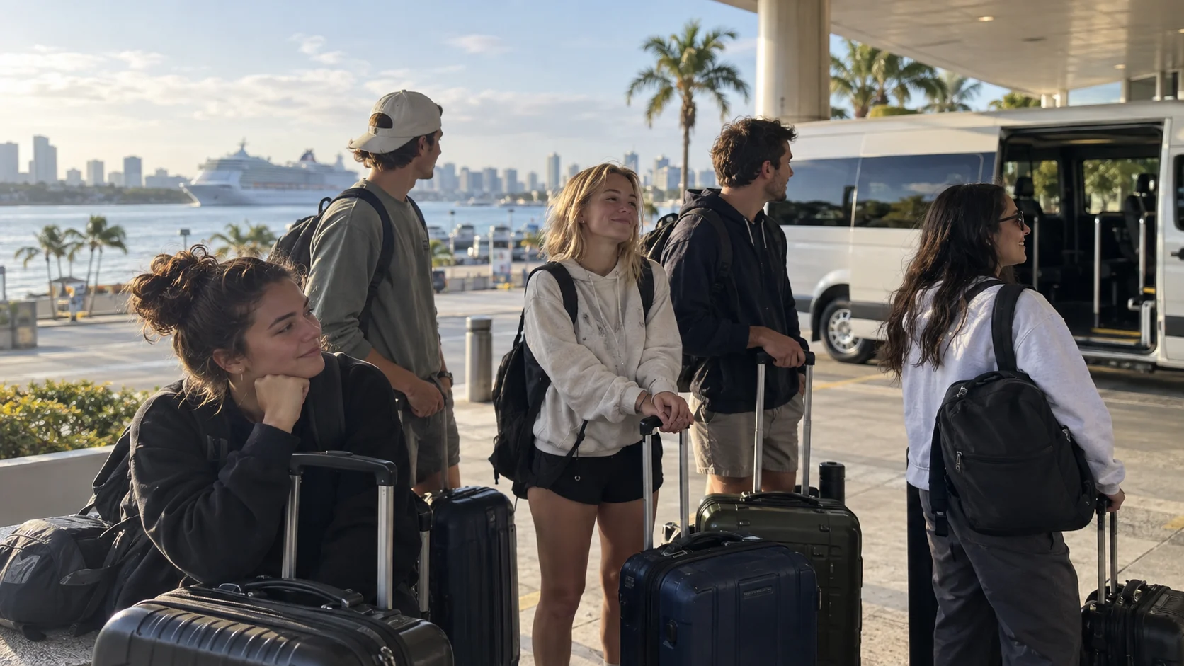 College friends wait with compact luggage after returning from a short cruise.