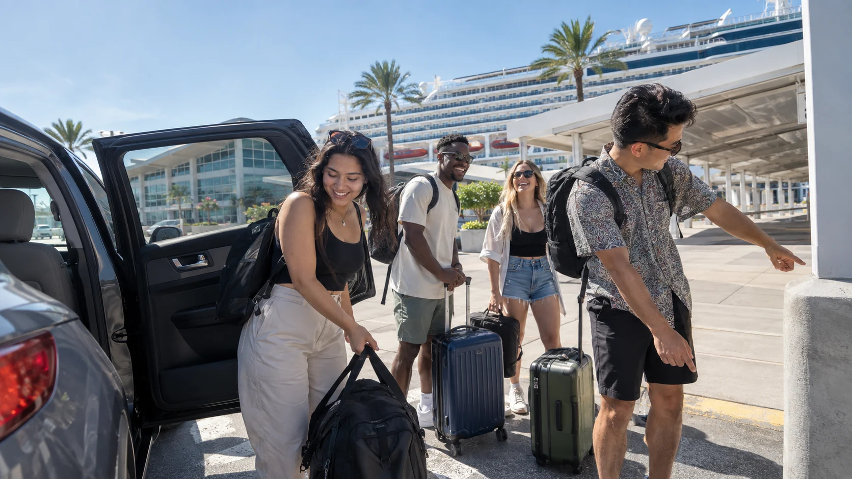 College friends unload compact luggage beside a sunny cruise terminal.