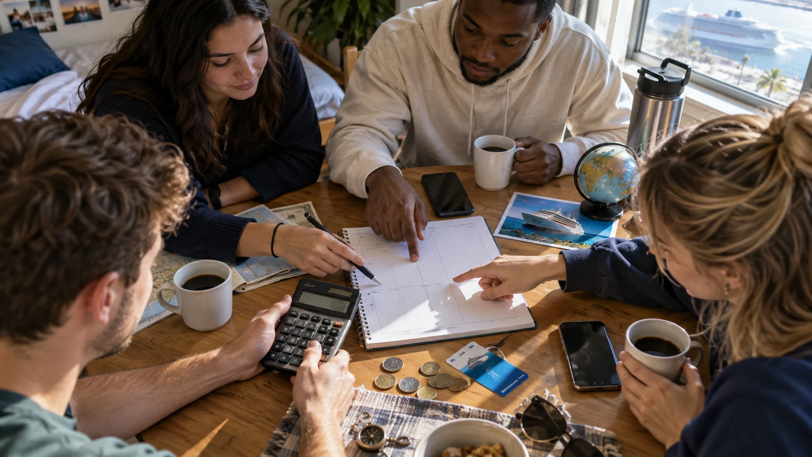 Friends use a calculator and phones to build an honest cruise budget.