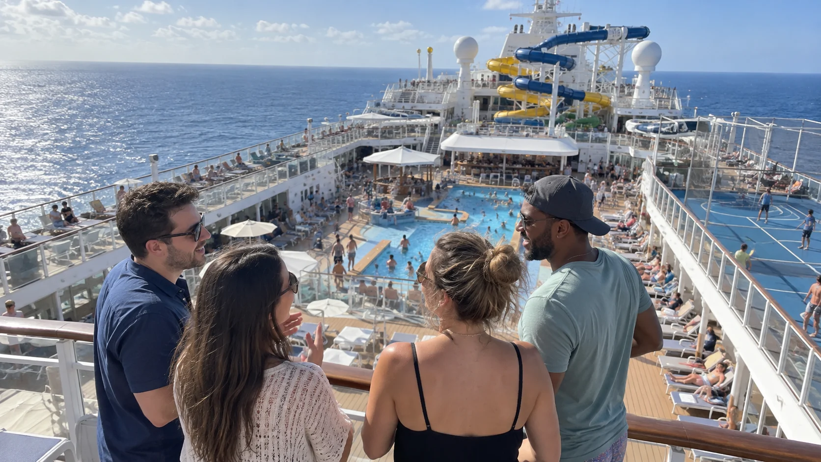 College friends compare cruise activities while overlooking a lively ship deck.