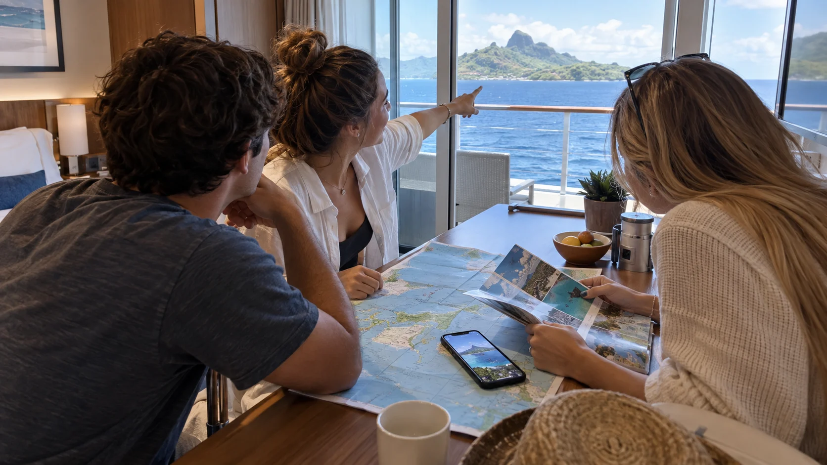 Friends plan a short cruise itinerary at a cabin desk overlooking an island.