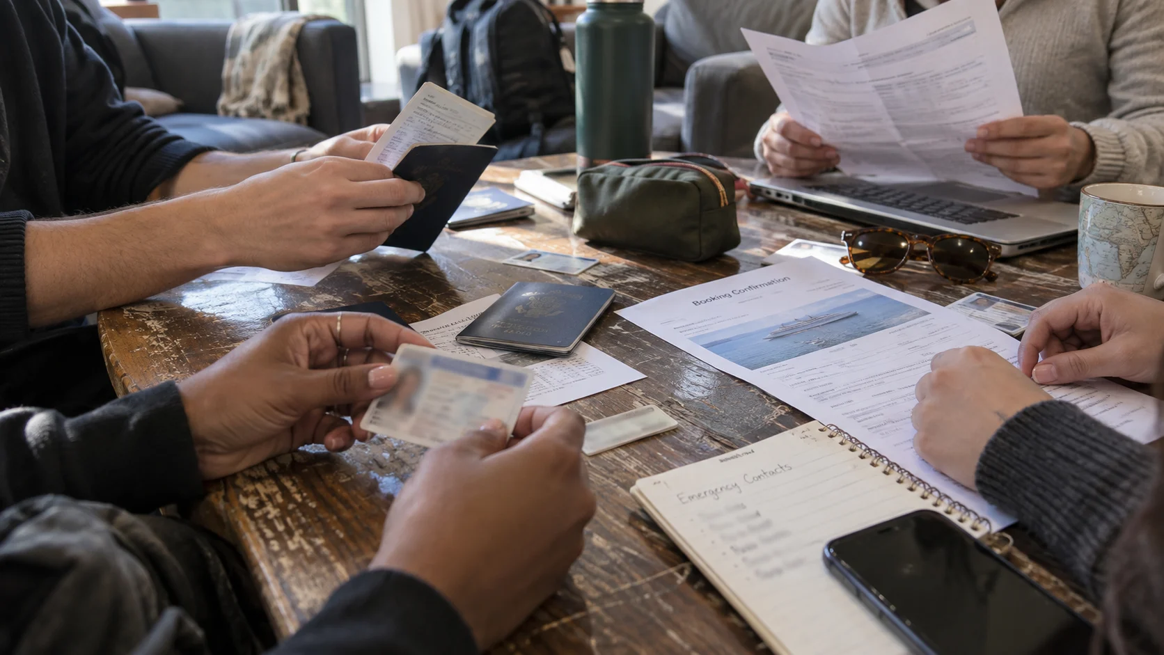 Hands check identification and cruise documents before final payment.