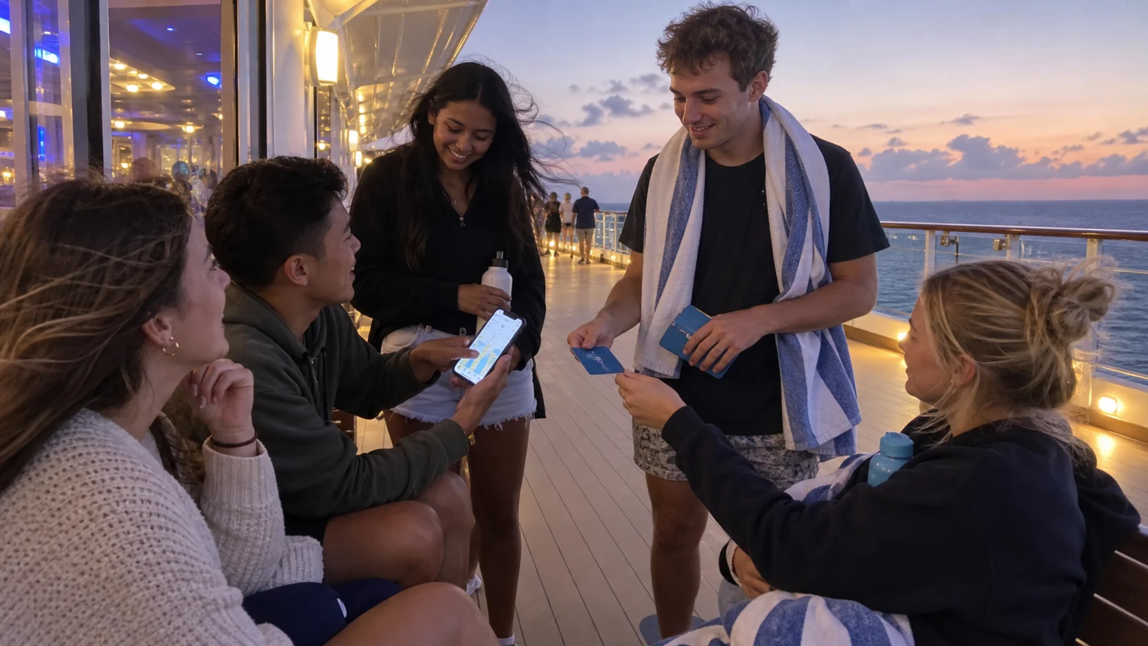 Friends share their location and plans on a quiet cruise promenade.