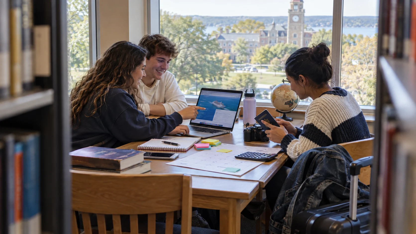 Adult students complete a cruise booking checklist together in a library.