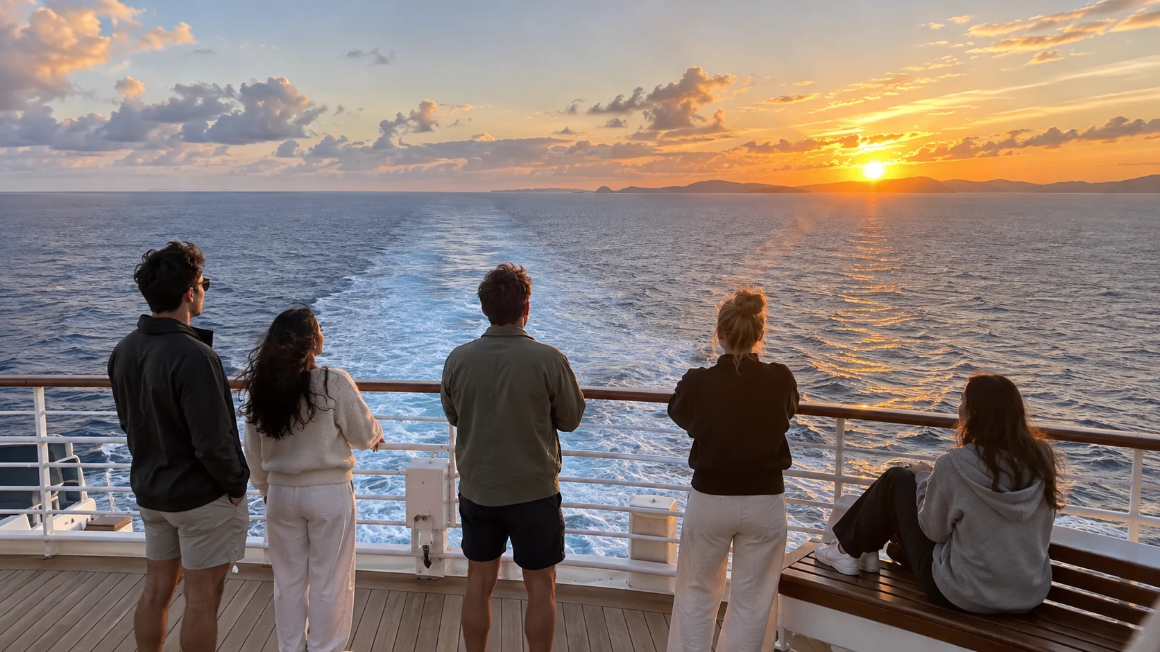 College friends watch the ship's wake together during sunset sail-away.