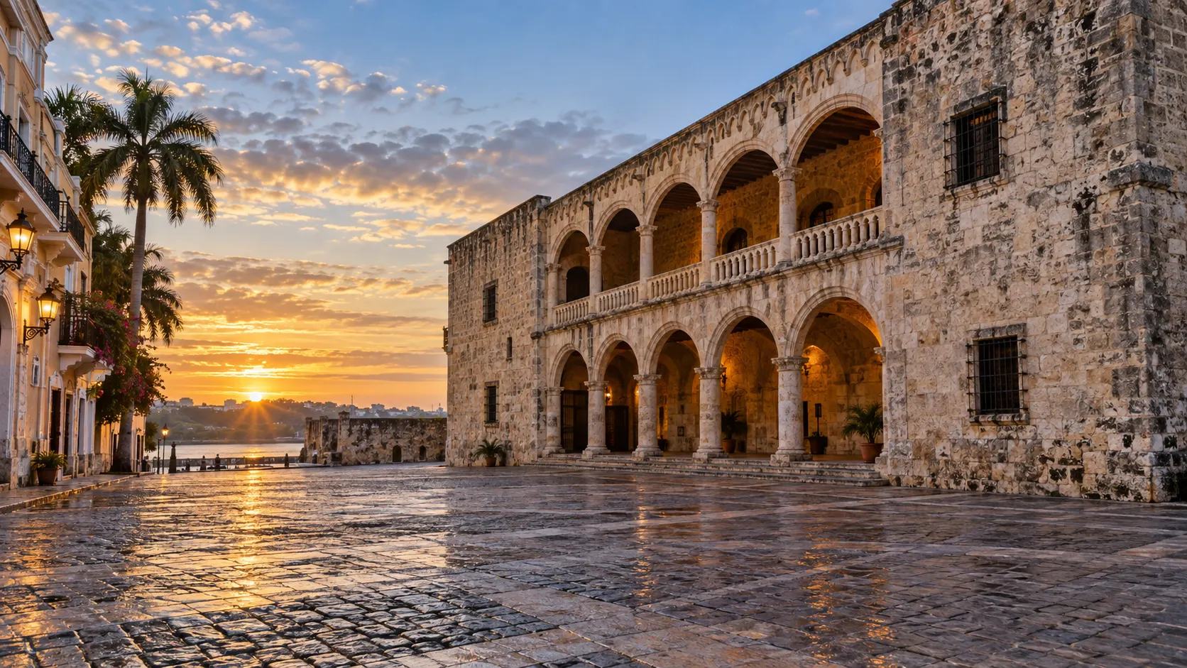 The Alcázar de Colón and rain-cleaned cobblestones in Santo Domingo's Colonial City at sunrise.