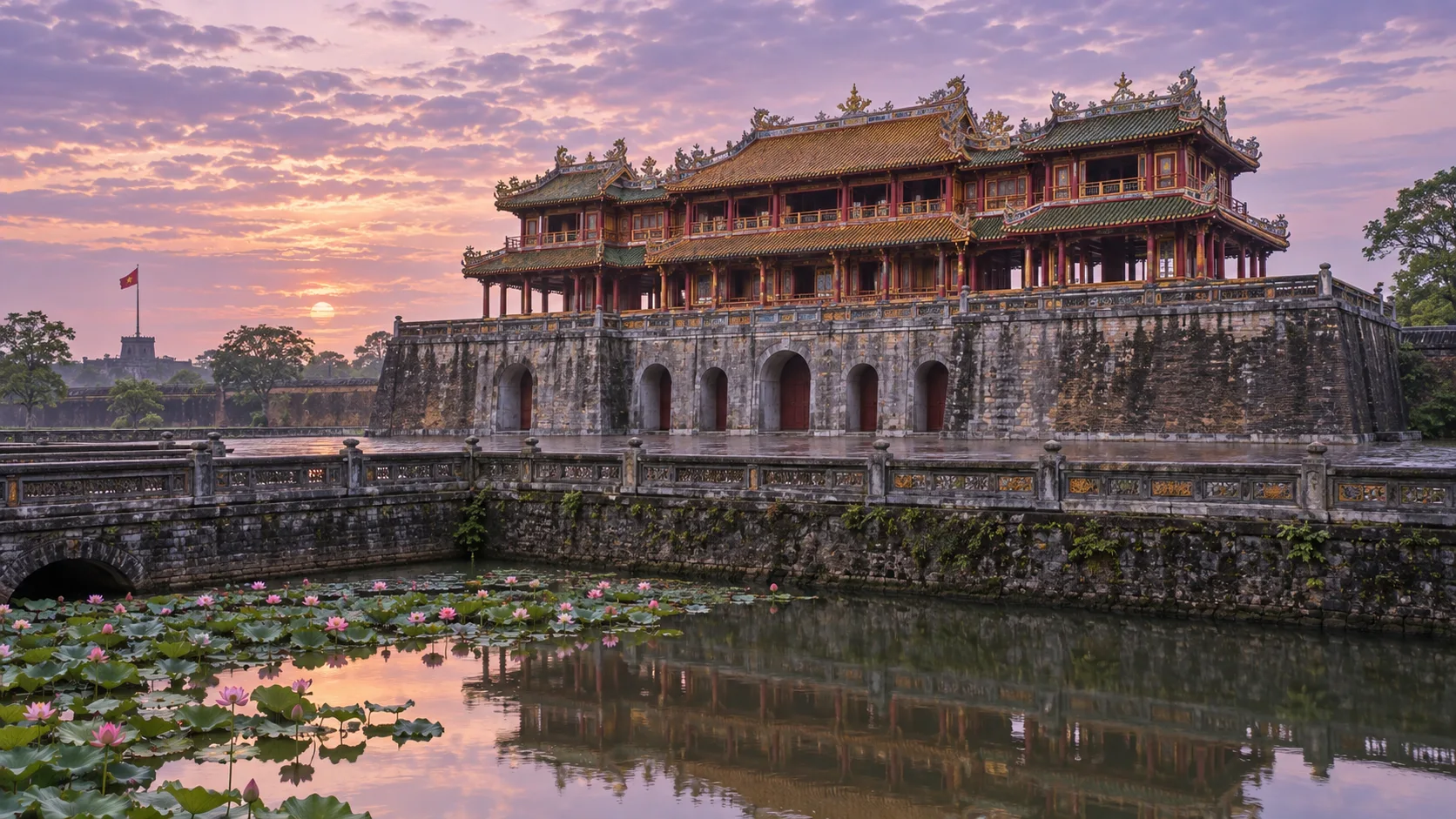 Ngo Mon Gate and lotus-filled water at the Imperial City in Hue beneath a lavender dawn sky.