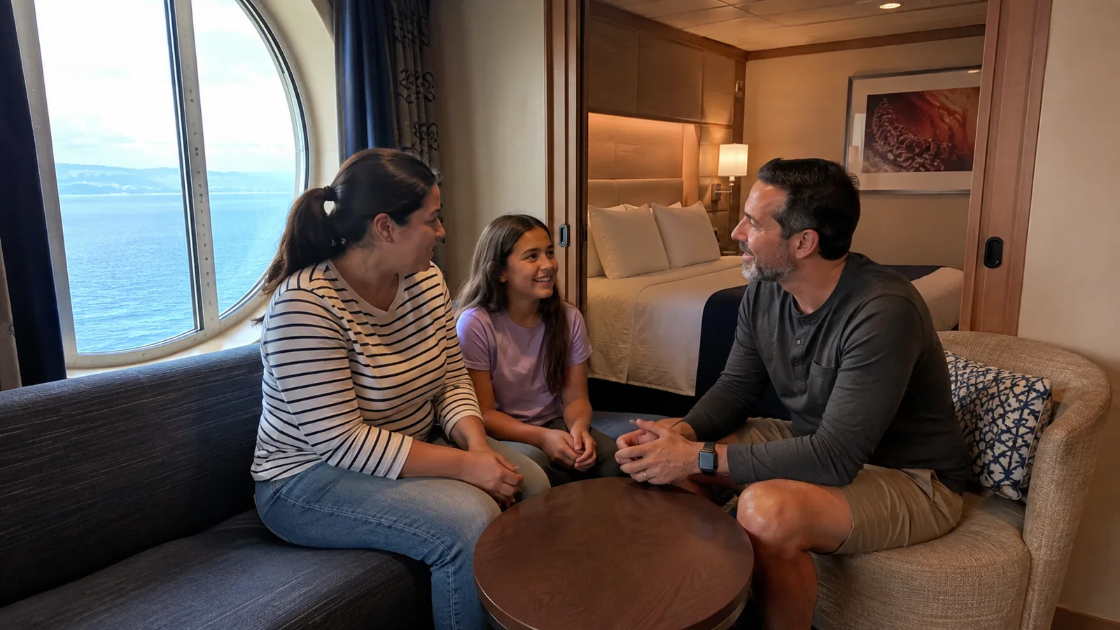 Family of three talks in a stateroom sitting area.
