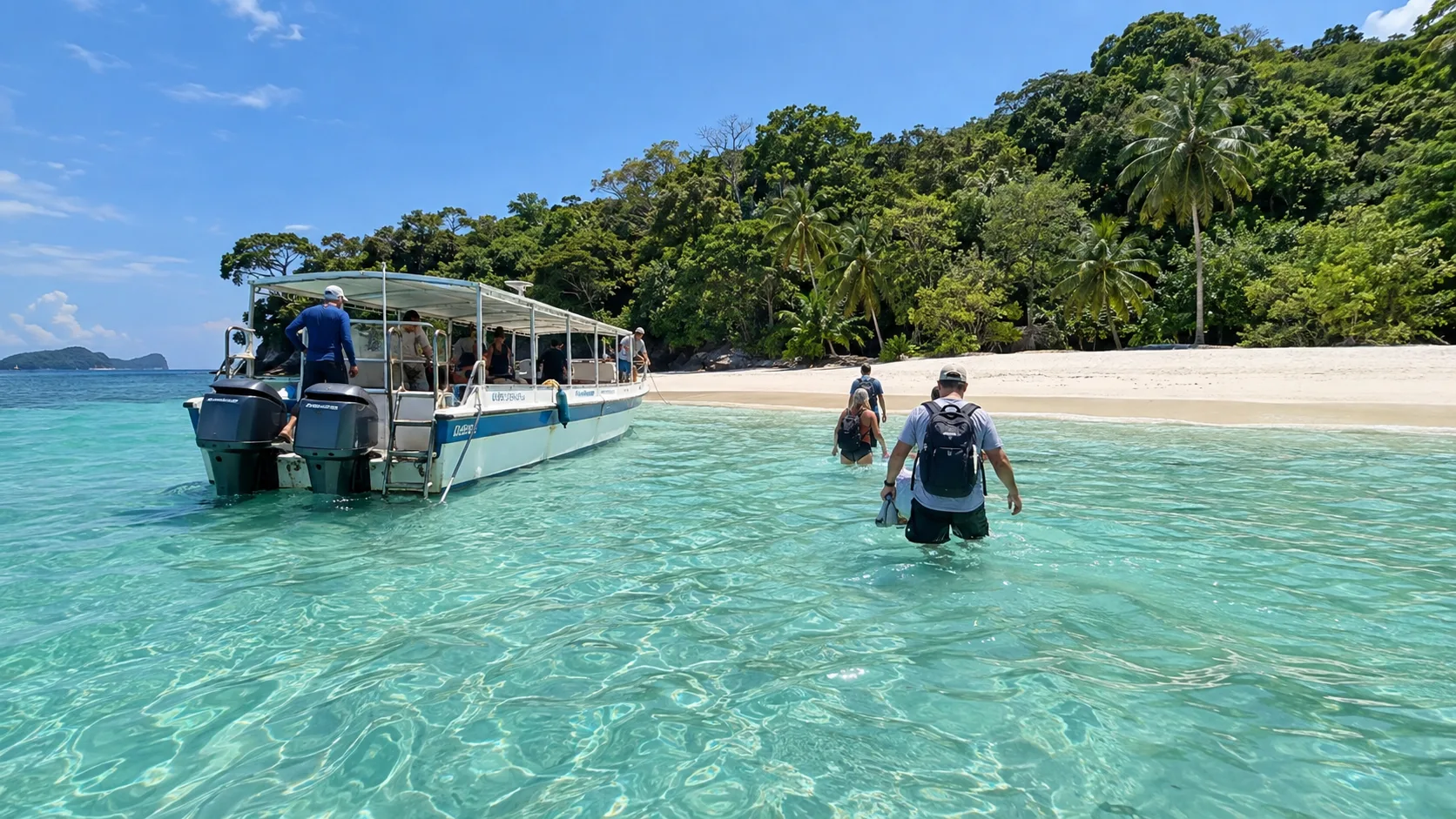 Passengers wading ashore from a ferry at Contadora Island