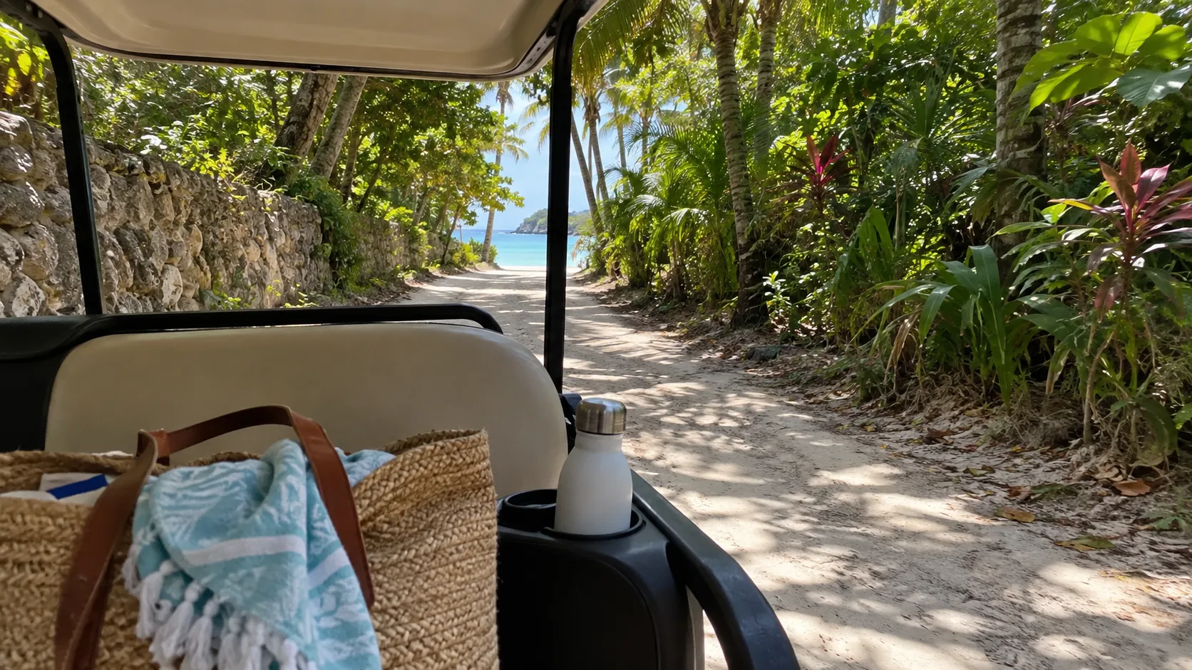 Golf cart on a shaded tropical lane on Contadora Island