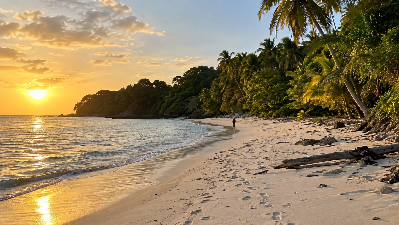 Long palm-fringed shoreline and footprints at Playa Larga