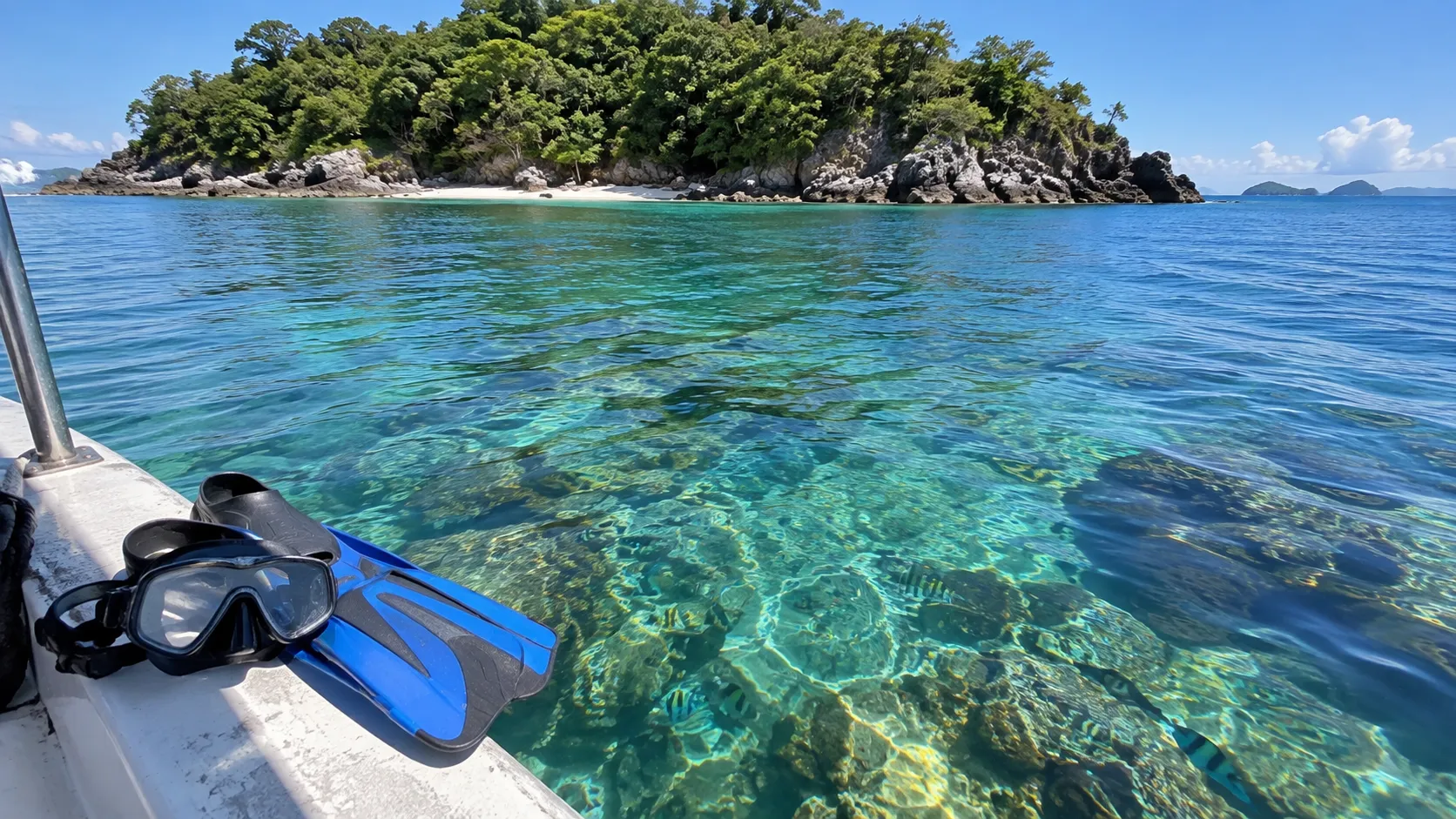 Snorkel gear above clear reef water near Contadora Island