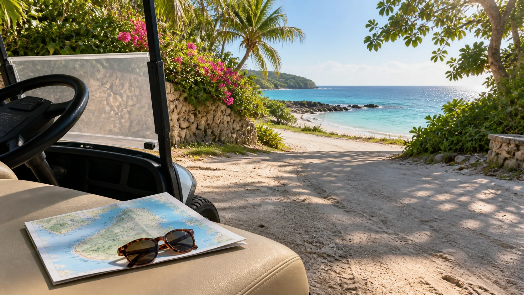 Golf cart at a sandy lane opening onto a Contadora beach