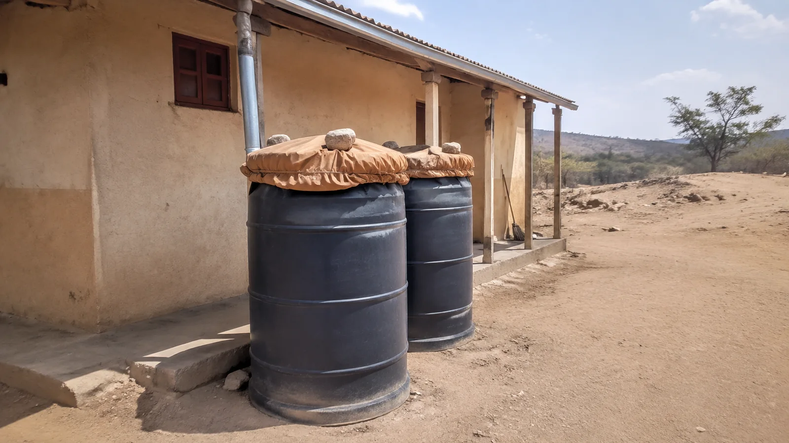 Two covered water barrels beside a small building in a dry landscape.