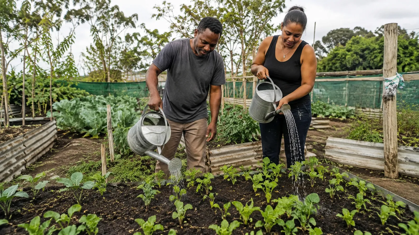 Two people watering young plants in raised garden beds.