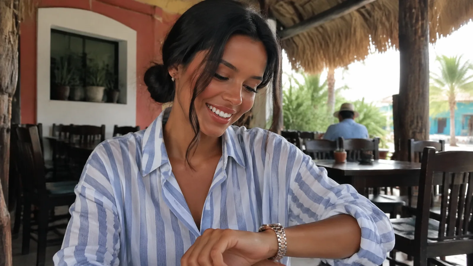 Woman checking her wristwatch at an open-air restaurant.