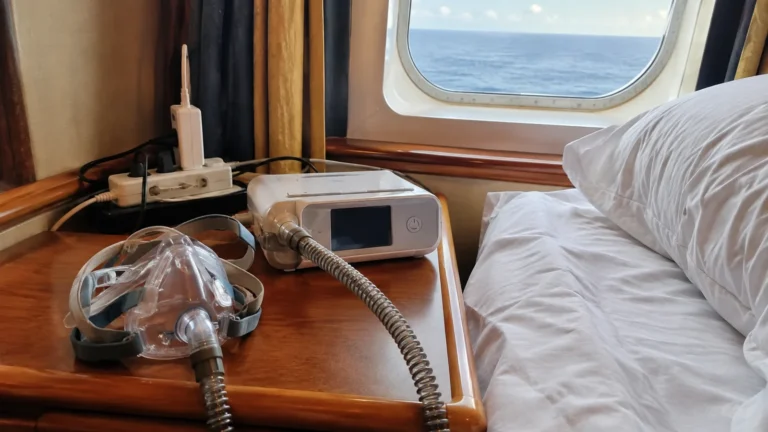 CPAP machine, mask, and tubing on a bedside table beneath a ship window.