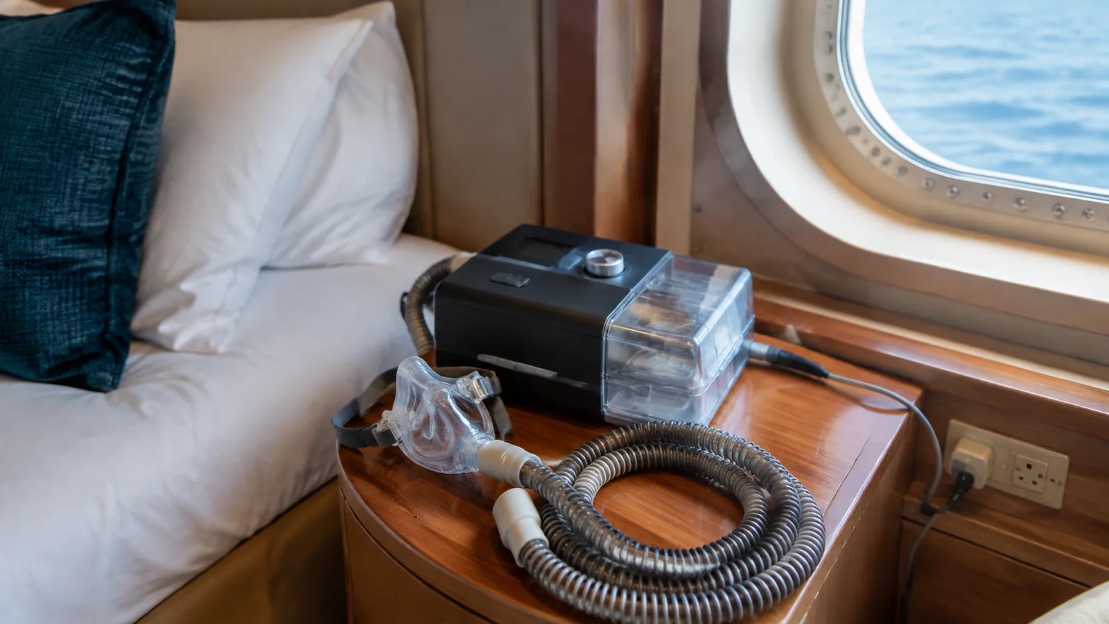 CPAP machine and coiled tubing beside a cabin bed and round window.