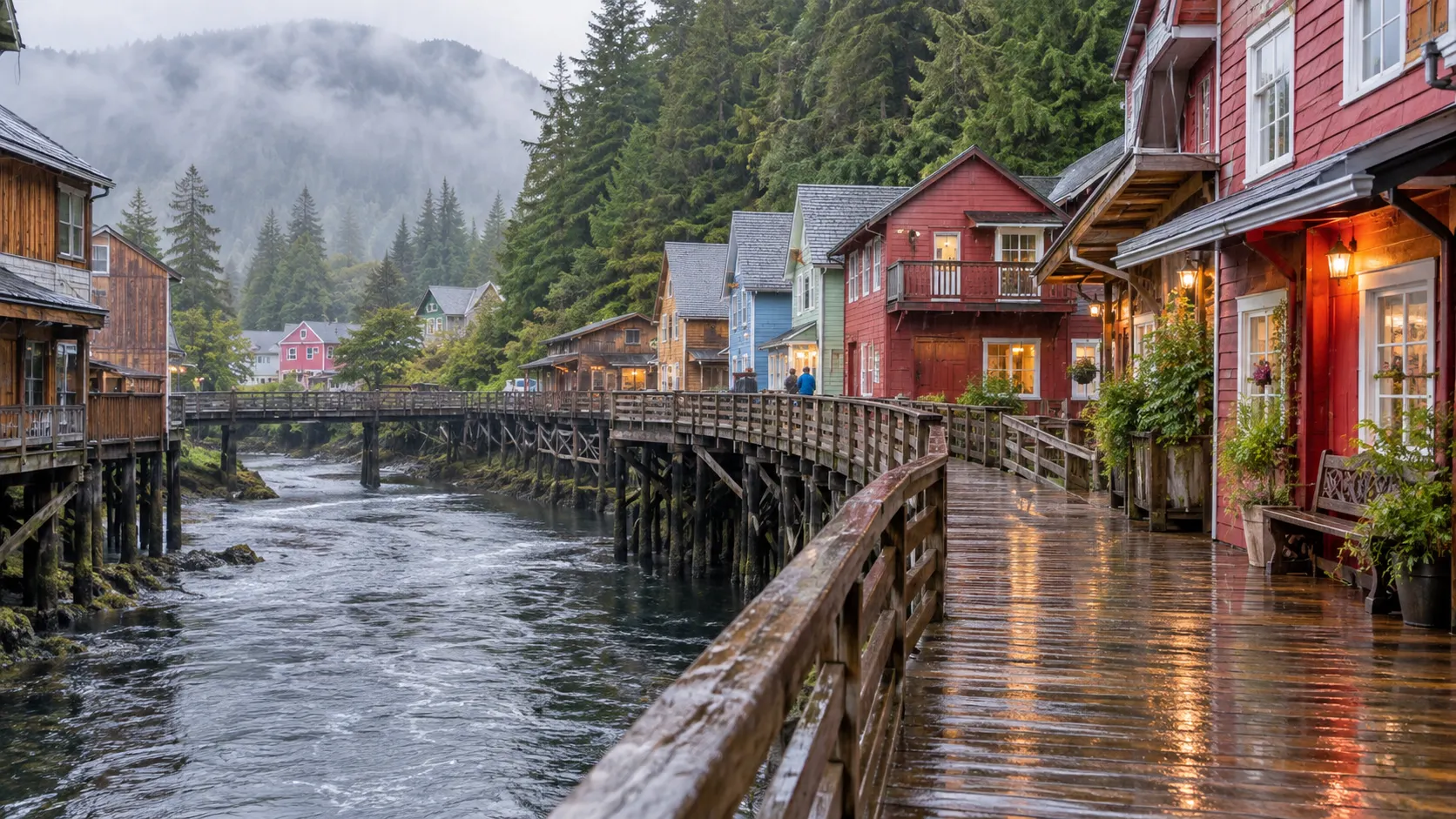 Rain-slick wooden boardwalk and colorful stilt houses along Creek Street in Ketchikan