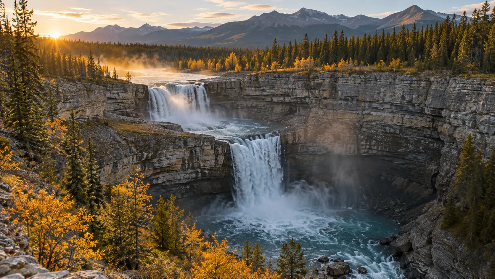 Crescent Falls drops in two broad tiers through an autumn canyon in Alberta.