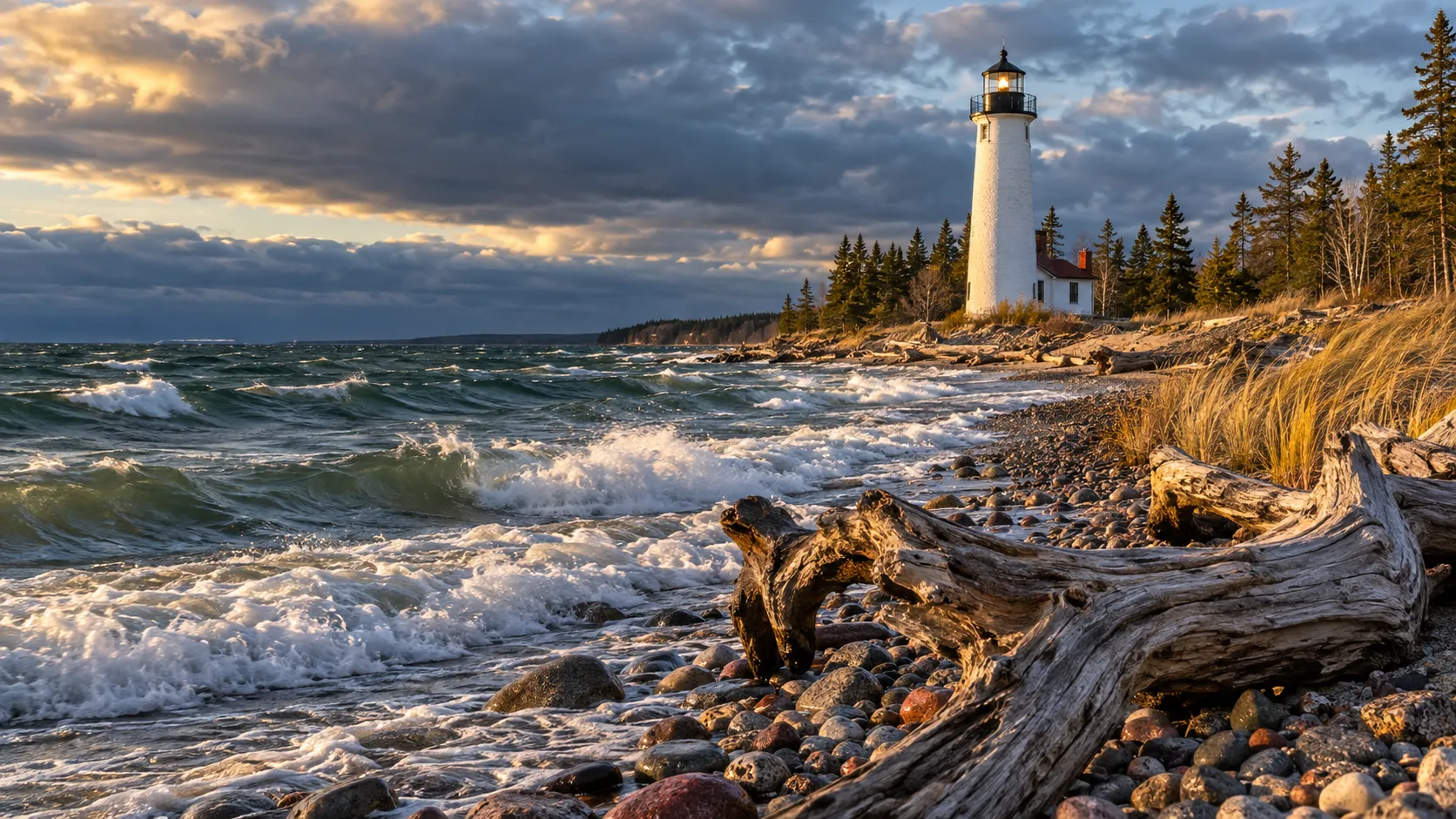Crisp Point Lighthouse overlooks waves, driftwood and a remote Upper Peninsula beach.