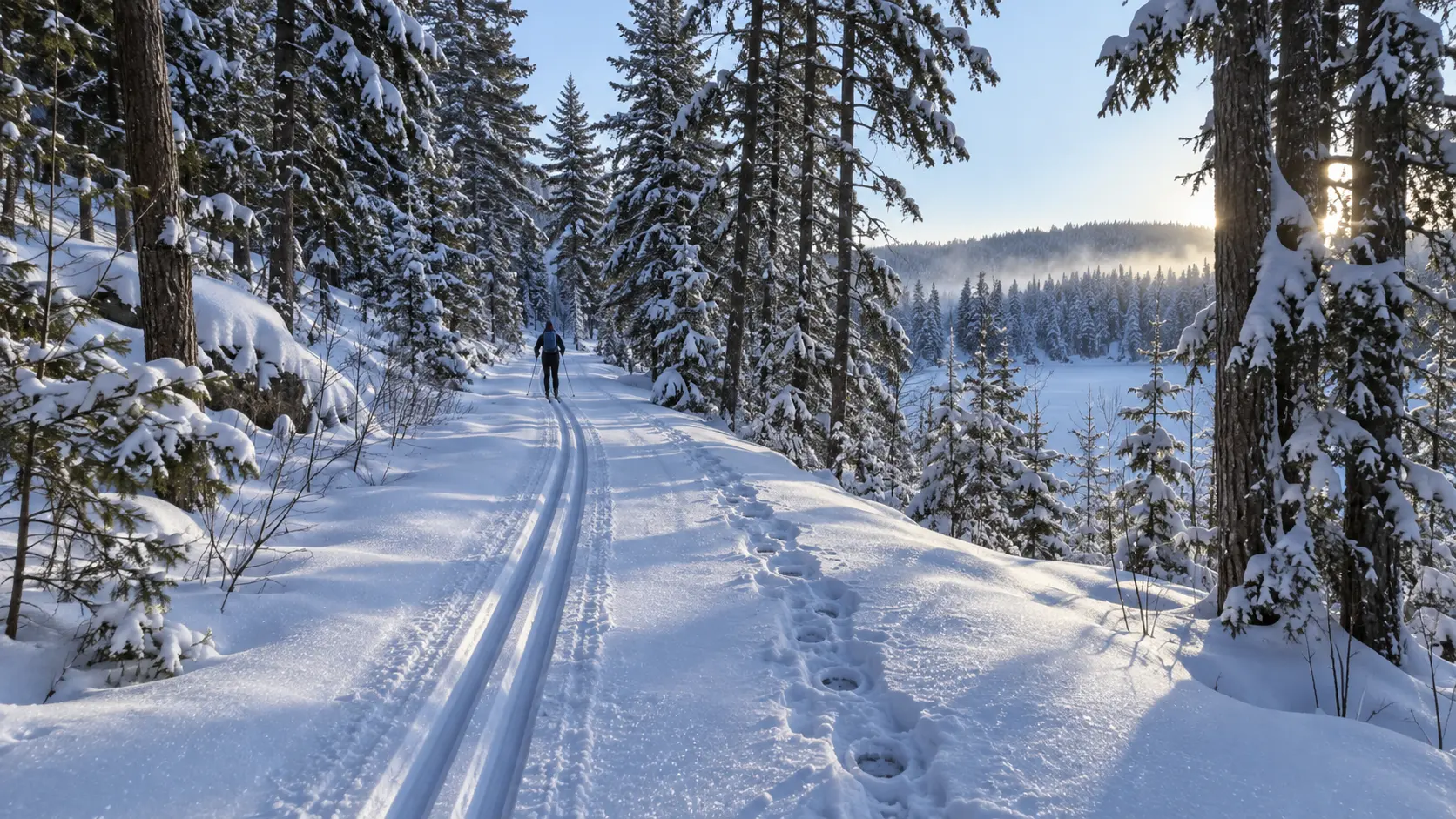 Cross-country ski tracks winding through snowy pines in northern Minnesota