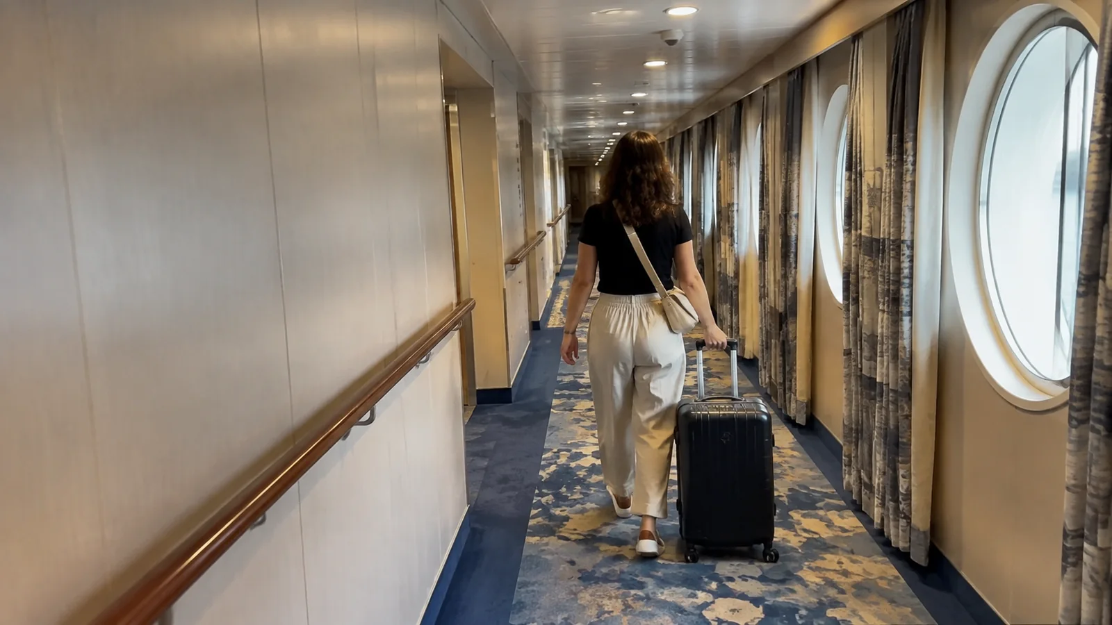 Woman pulling a suitcase along a ship corridor with round windows.