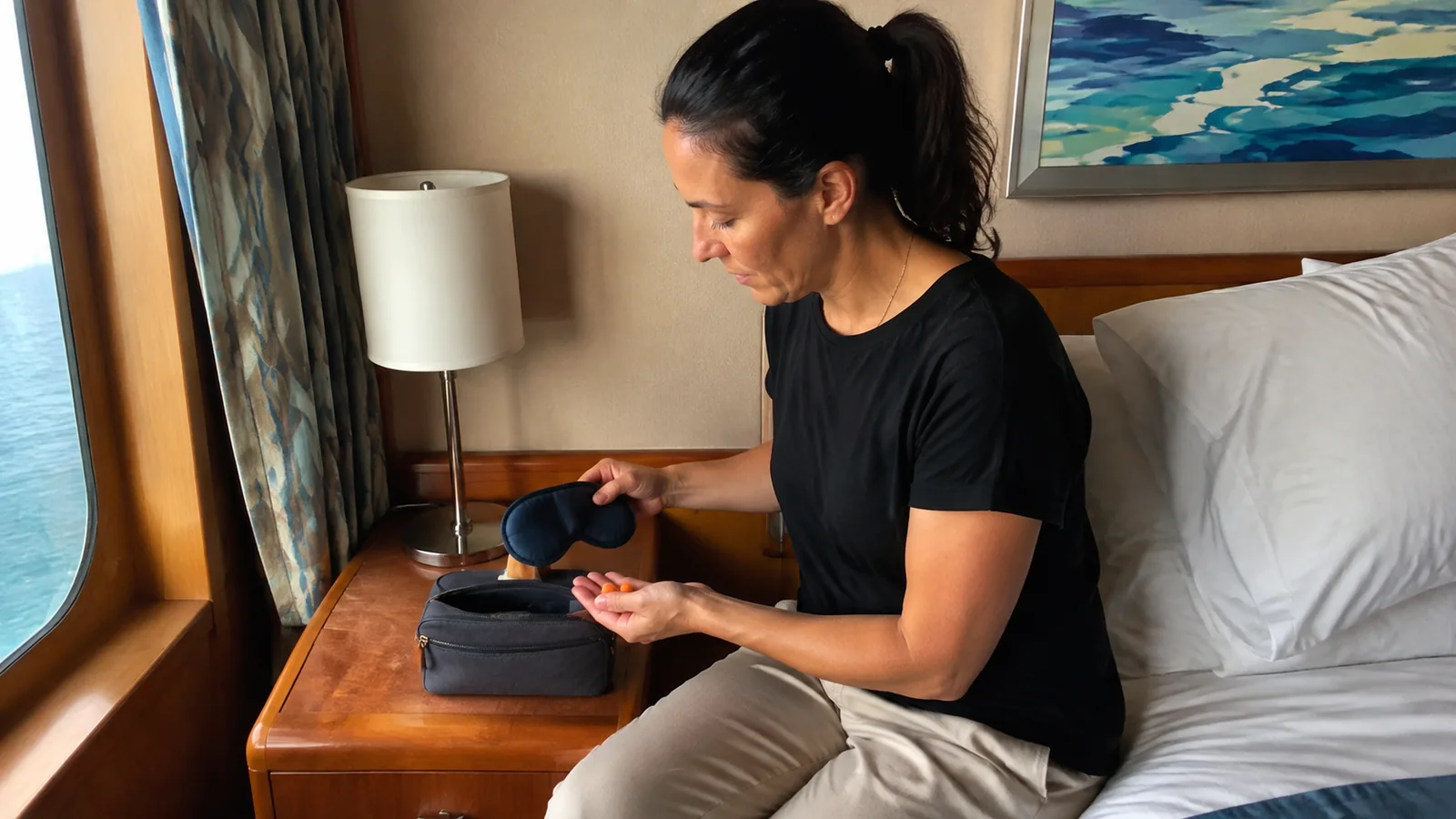 Woman holding a sleep mask and small earplugs beside a cabin bed.