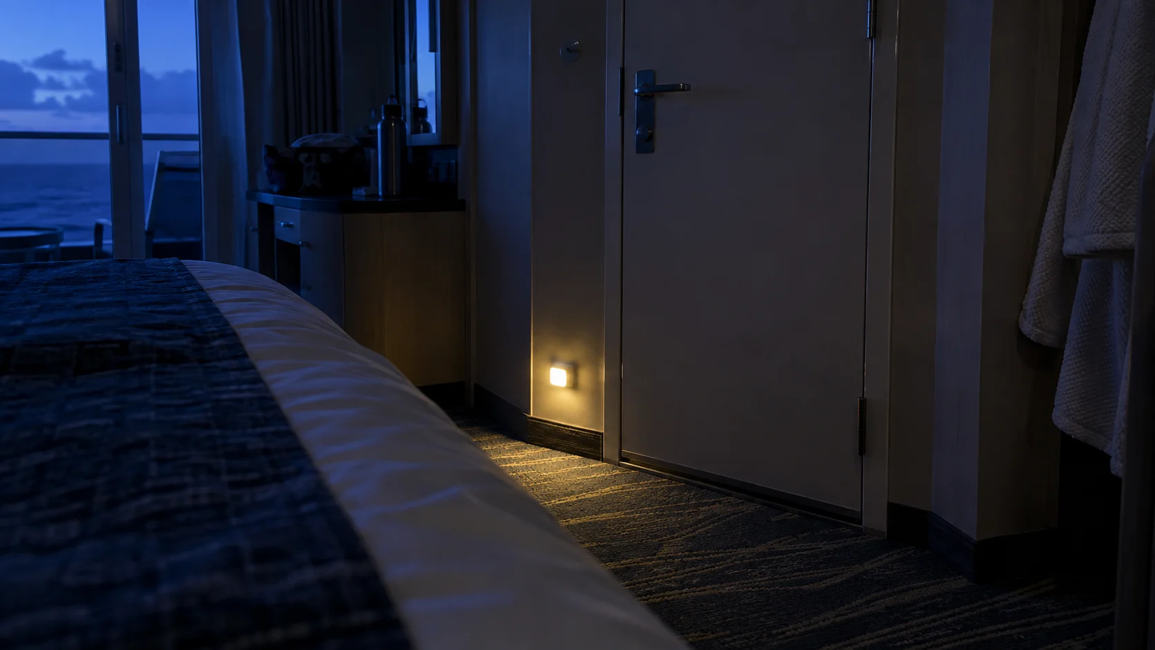 Small motion-sensor night-light glowing near the floor of a dark cruise cabin.