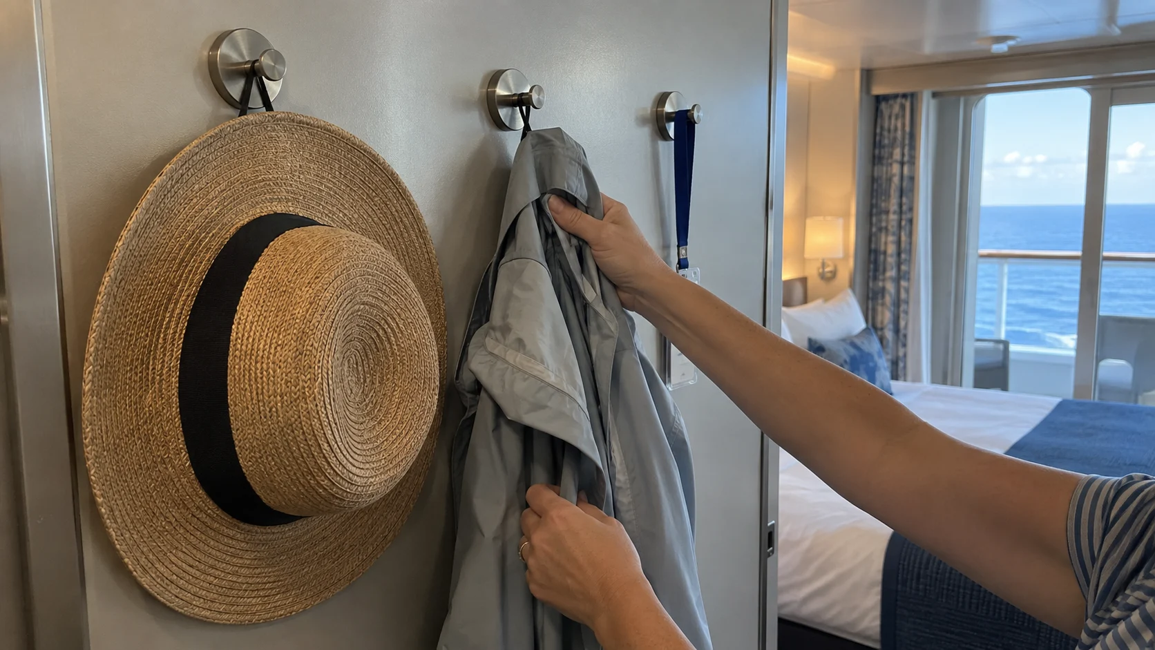 Magnetic hooks holding hats and a light jacket on a cruise cabin wall.