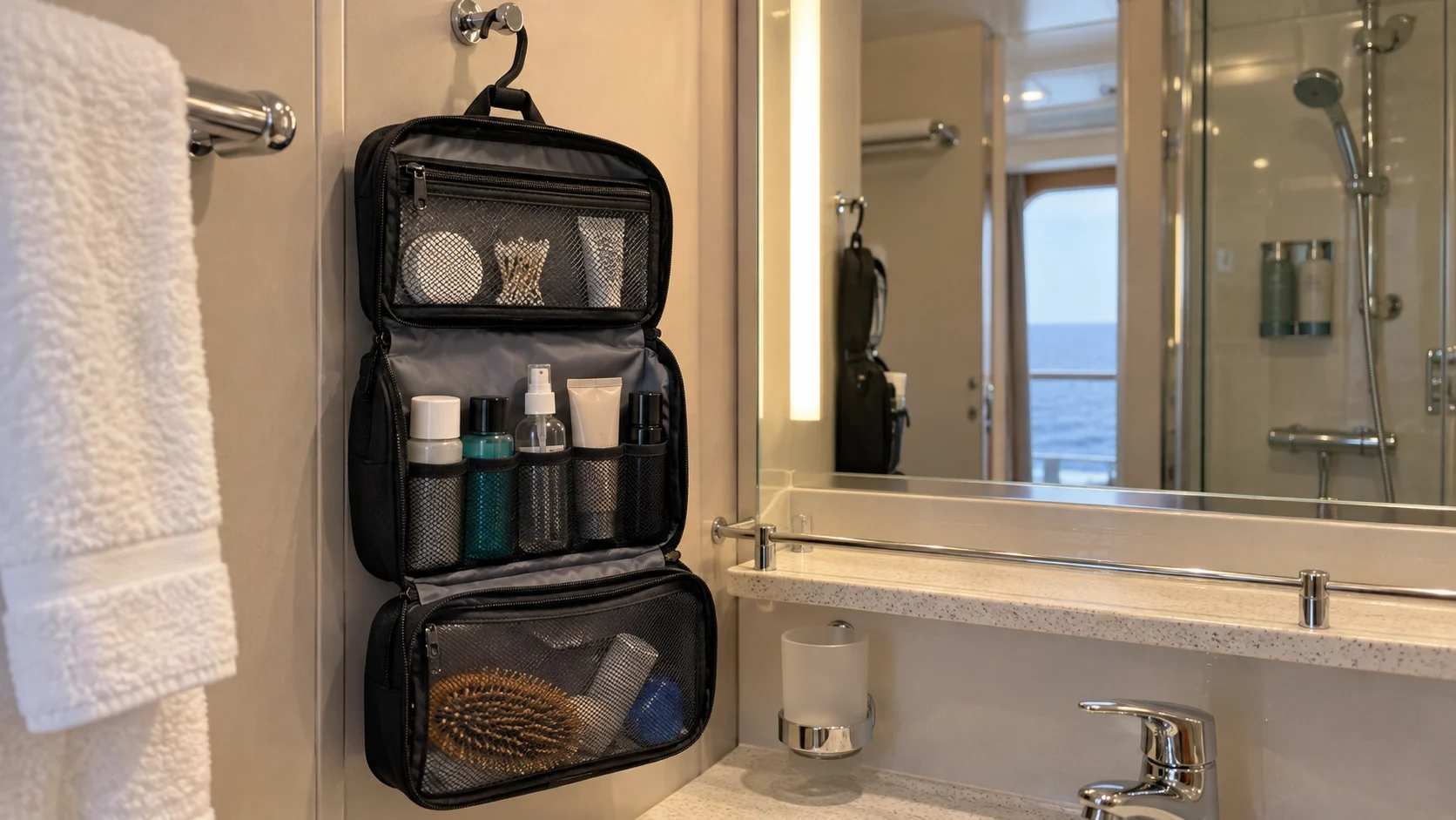 Compact hanging toiletry bag organized inside a cruise cabin bathroom.