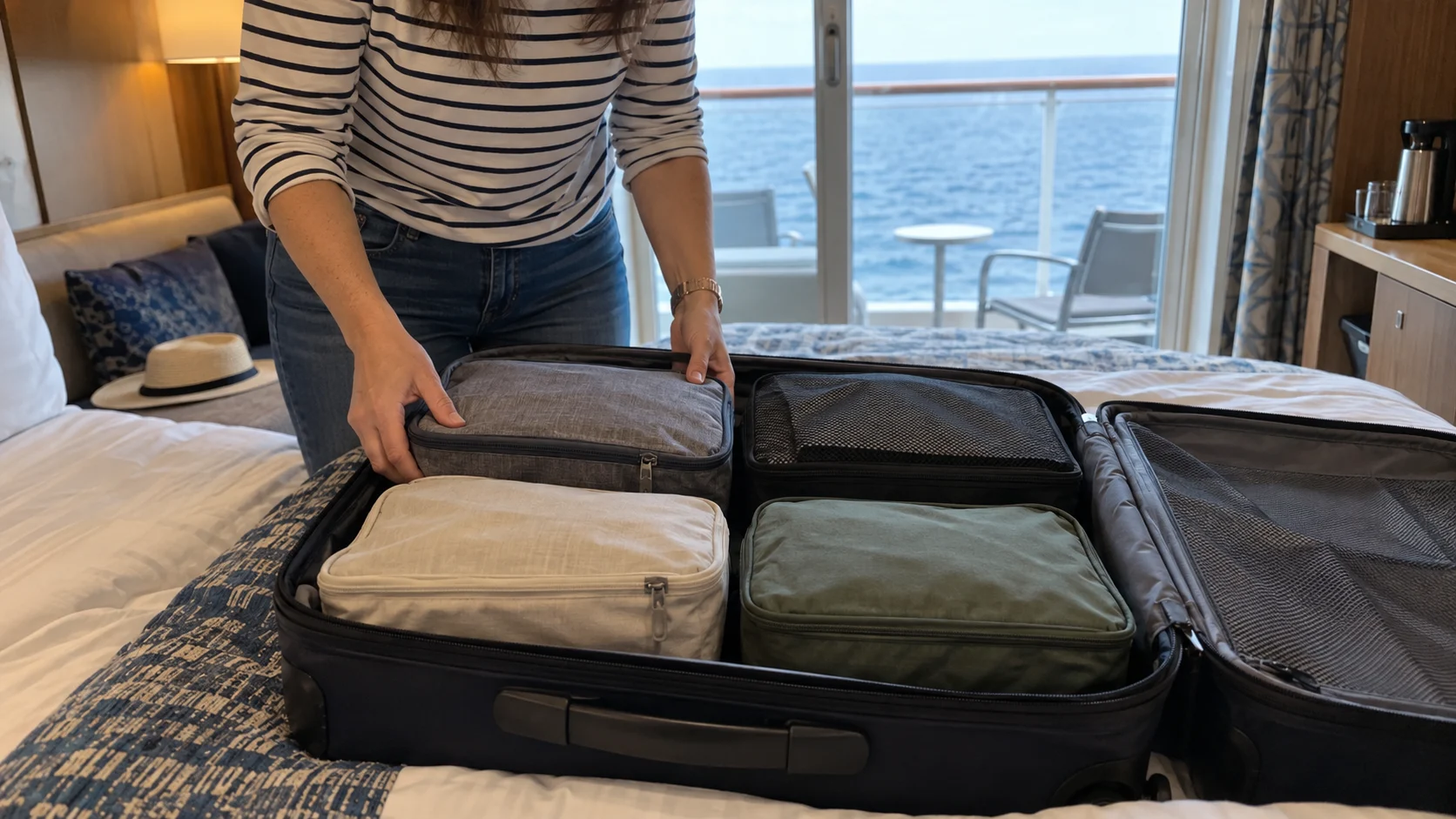Traveler arranging colorful packing cubes inside an open suitcase on a cabin bed.