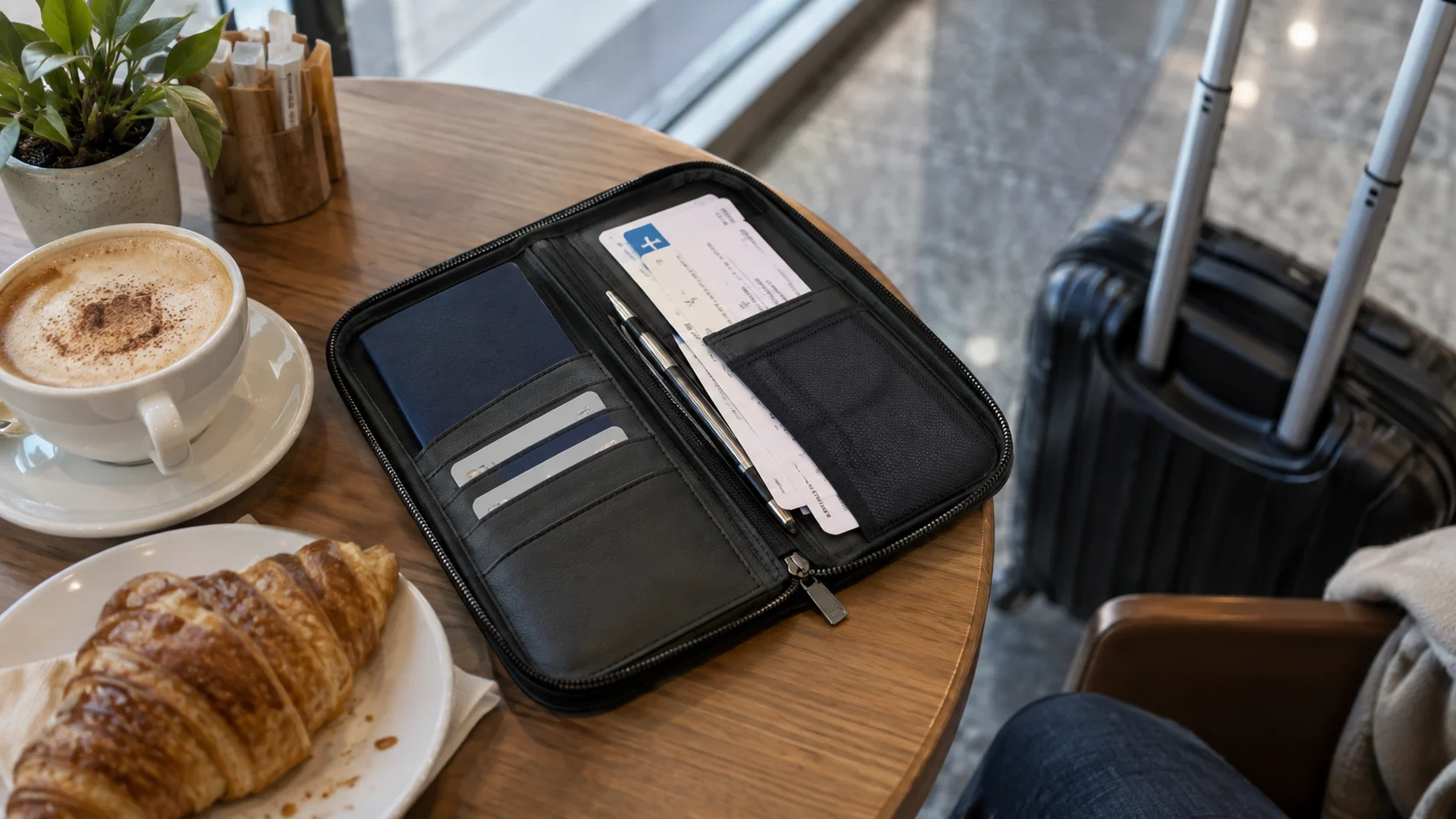 Passport and boarding papers organized in a simple travel document wallet.